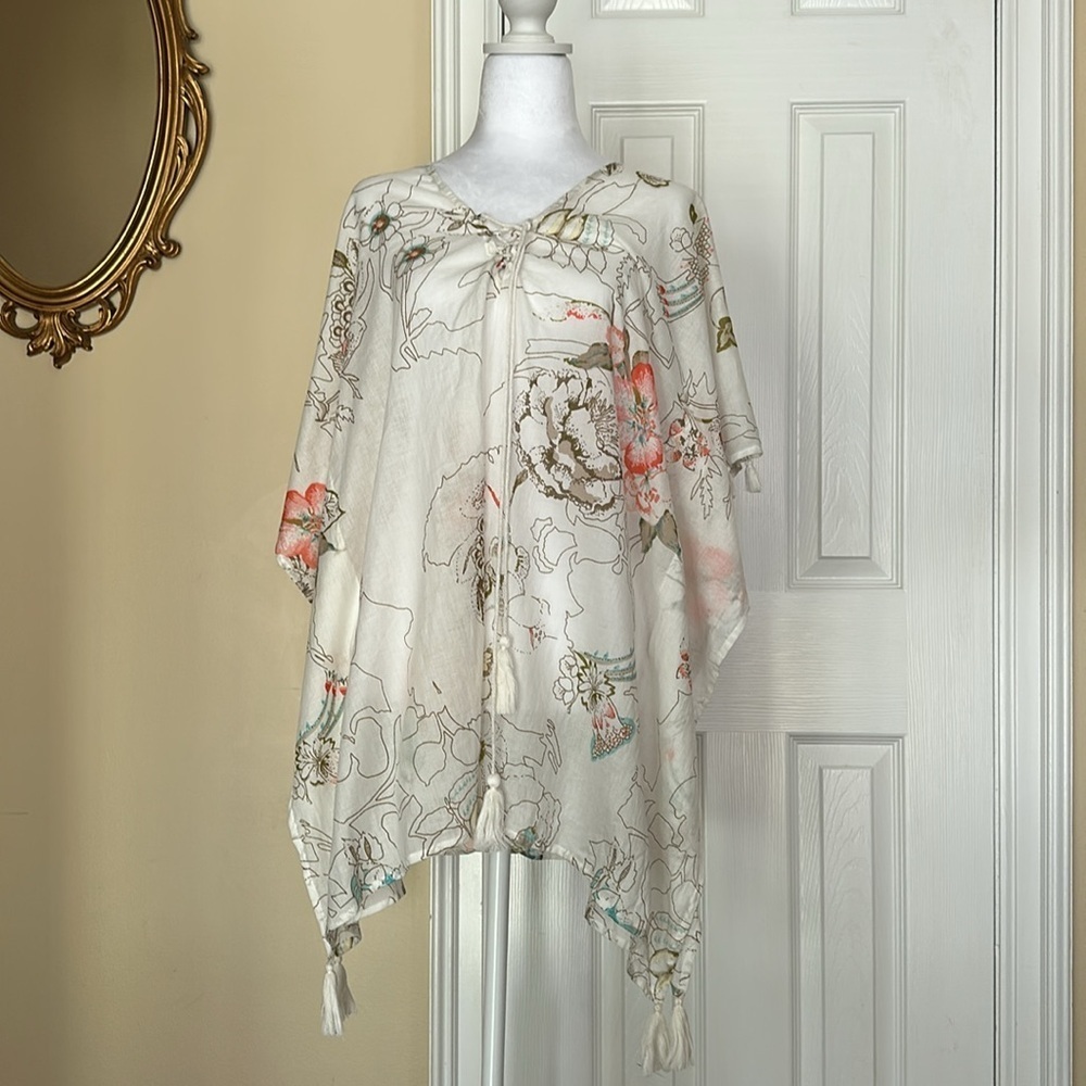 Z&L Lightweight Floral Print V-Neck Swim Cover-Up Tassels Sheer Kaftan